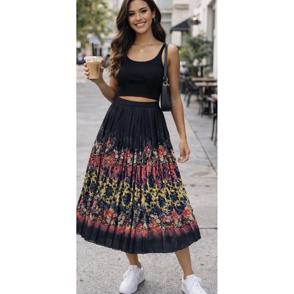Pleated Midi Skirt 4 Flowy Black & Floral Lined Feminine ASOS Professional Spunk